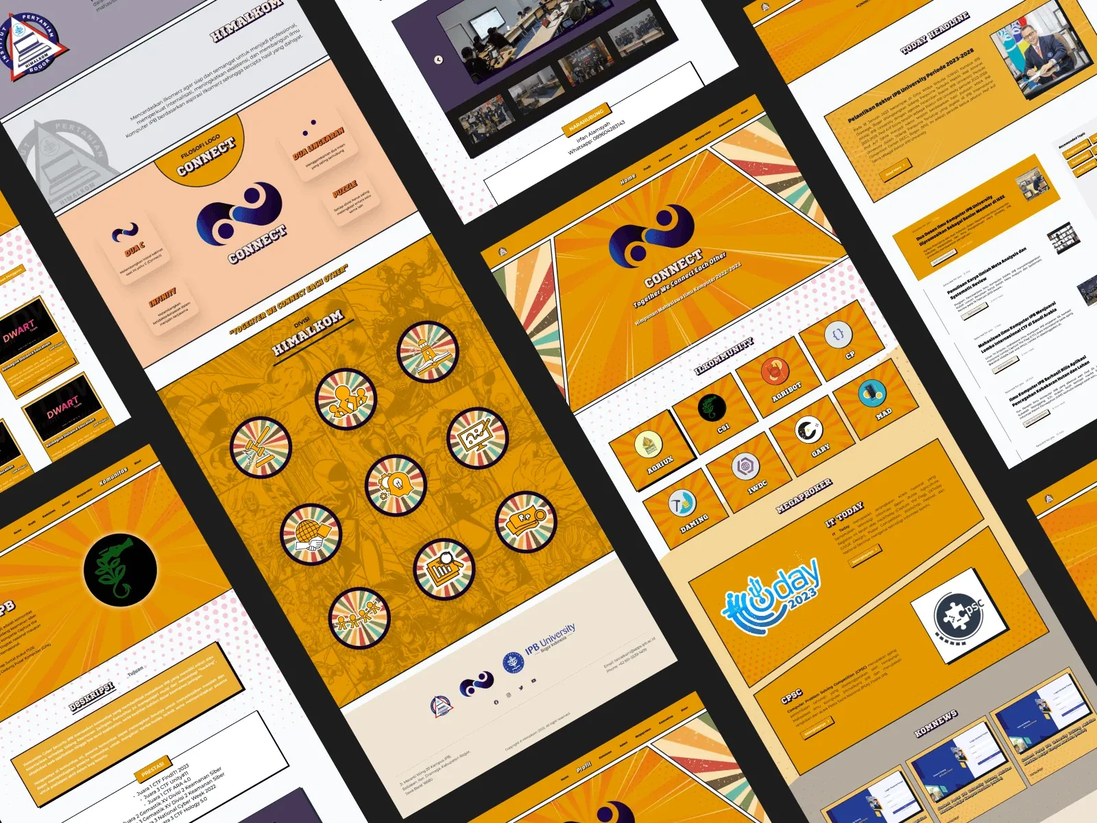 Himalkom website designs featuring CONNECT branding, yellow sections, and illustrated backgrounds