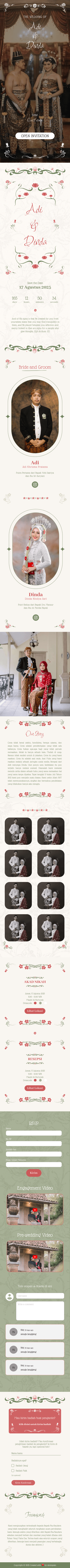 Full Kusuma invitation showing the couple, story, gallery, event details, RSVP, videos, wishes, gifts, and thank-you message